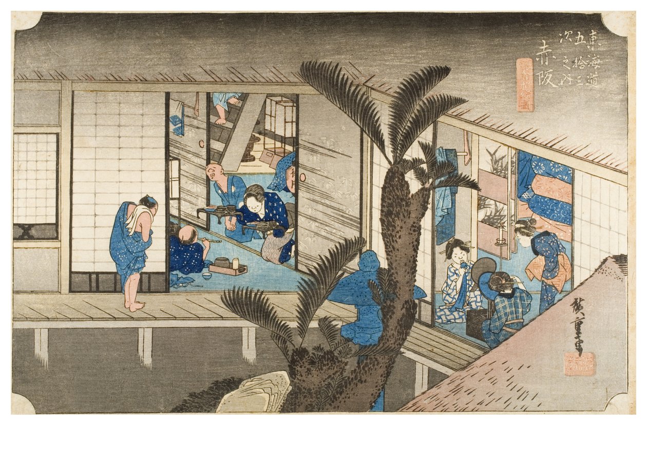 Akasaka : Auberge avec servantes de la série Les cinquante-trois étapes du Tokaïdo, vers 1831-1834 (gravure sur papier) - Ando or Utagawa Hiroshige