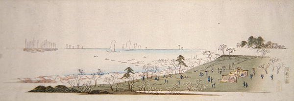 Le temps des cerisiers en fleurs, des gens pique-niquant à Gotenyama - Ando or Utagawa Hiroshige