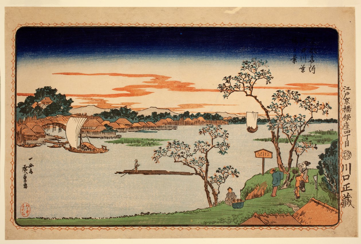 Cerisiers en feuille au bord de la rivière Sumida, de la série Sites célèbres de la capitale orientale, c.1831 - Ando or Utagawa Hiroshige