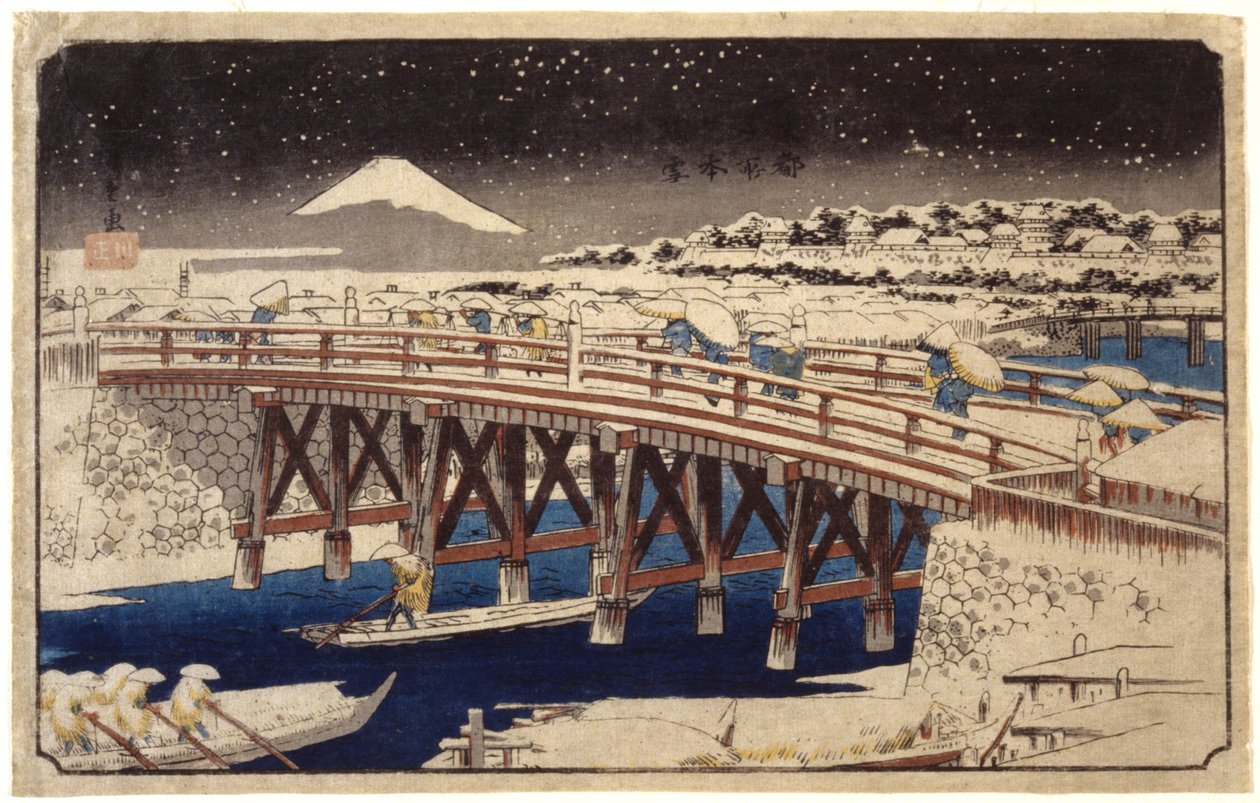 Nihonbashi sous la neige (impression sur bois en couleur) - Ando or Utagawa Hiroshige
