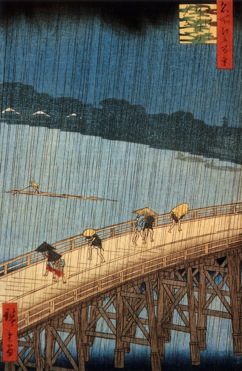 Averse soudaine (yudashi) sur le pont Ohashi, Japon, gravure par Ando Hiroshige - Ando or Utagawa Hiroshige