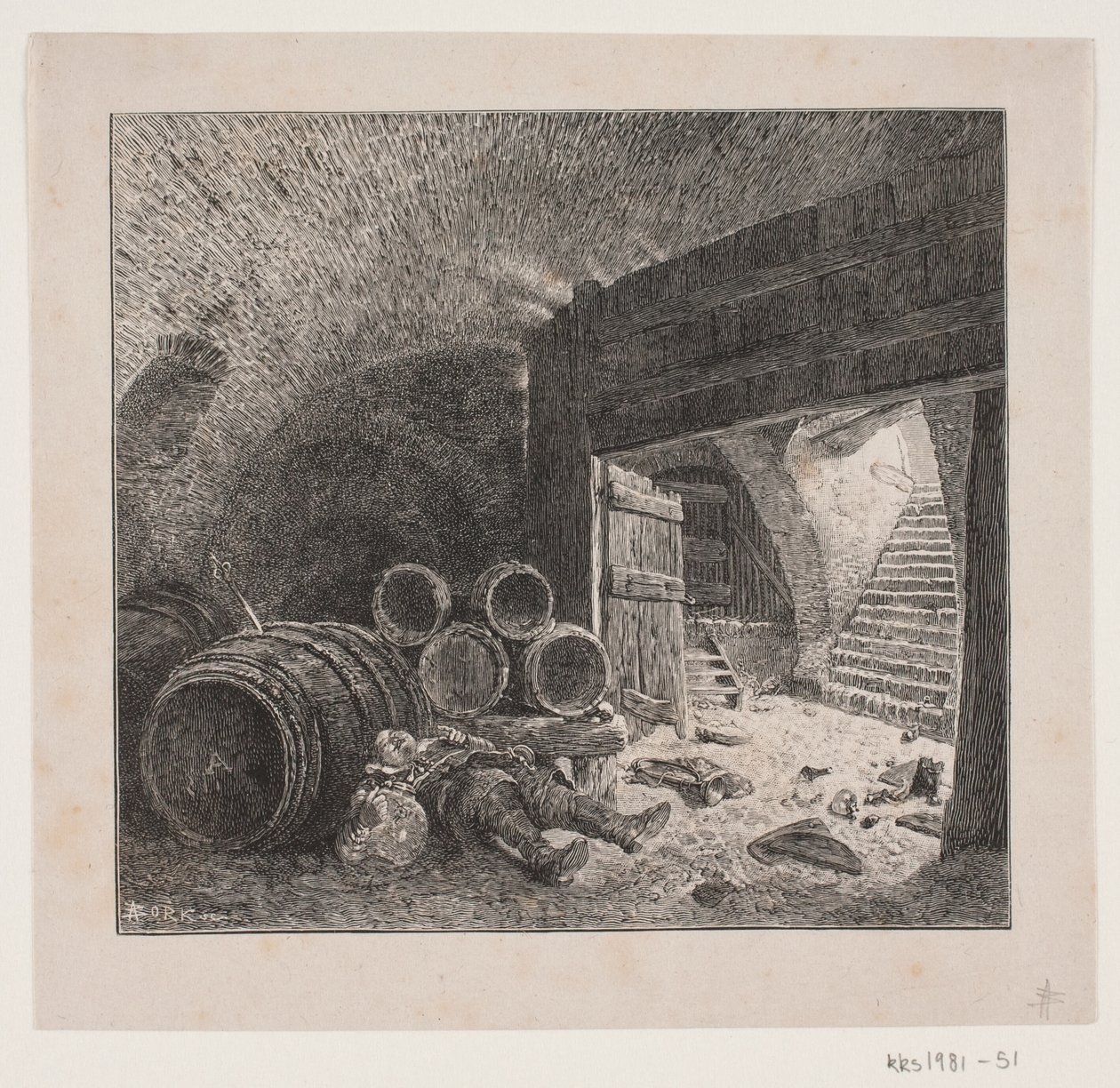 Homme ivre, dormant dans une cave à vin - André Bork