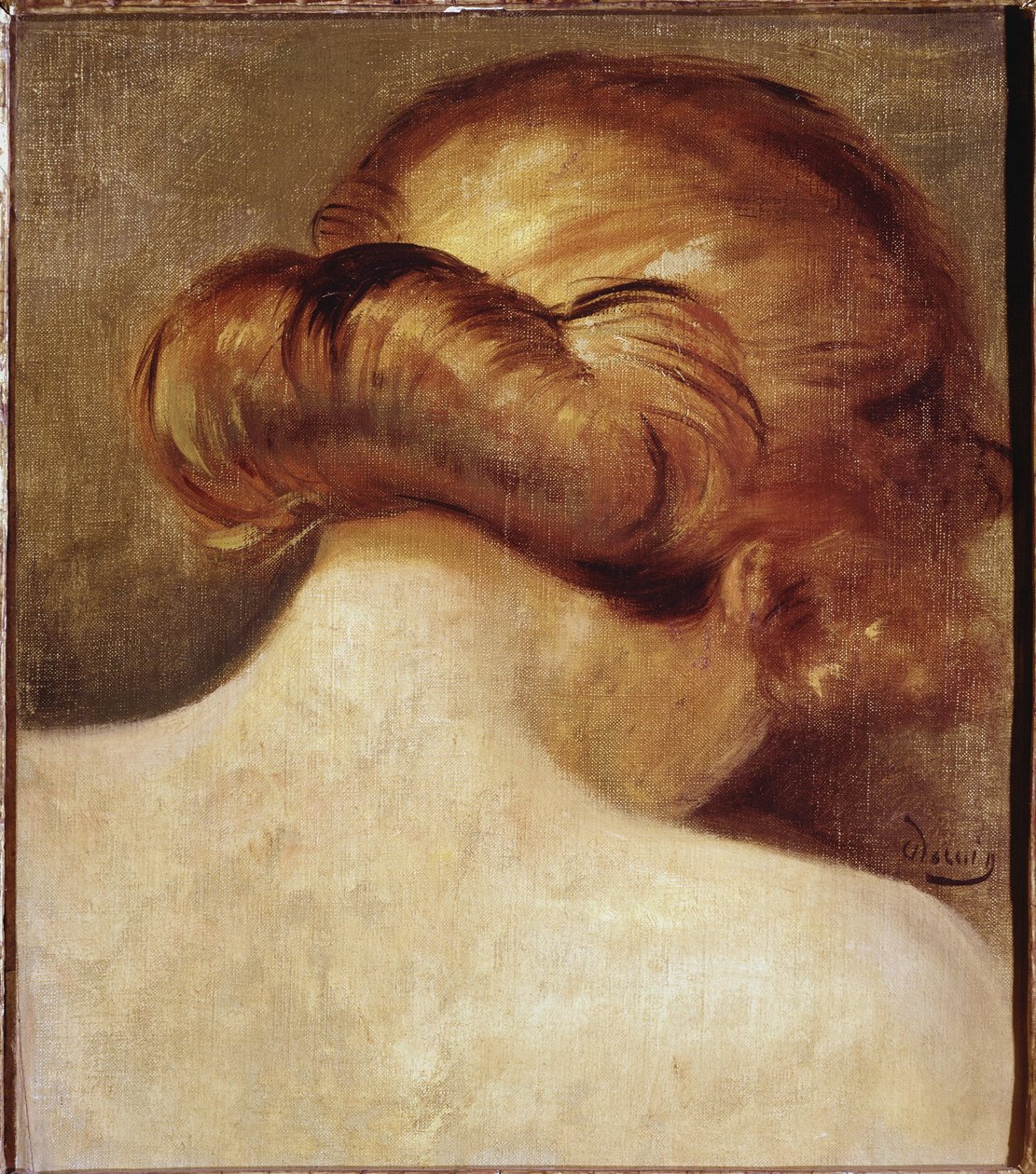 Cou de femme blonde avec chignon. Peinture d