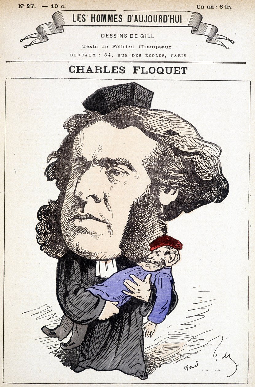 Caricature de Charles Floquet (1828-1896), avocat et président du Conseil entre 1888 et 1889. Il a blessé le général Boulanger en duel, dont il combattait les idées. Dessin de Gill dans « Les Hommes d