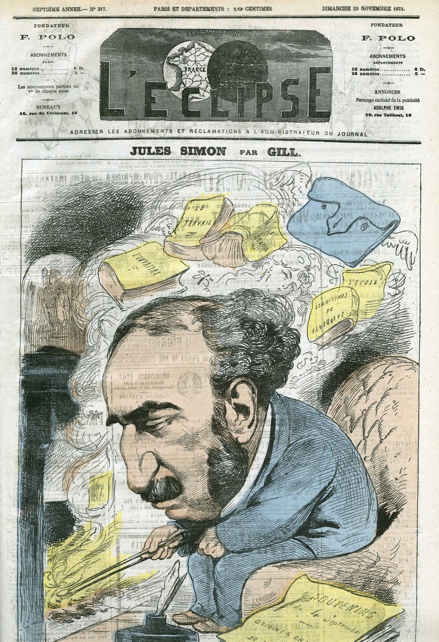 Caricature par Jules Simon (1814-1896), homme politique, historien de la philosophie, philosophe, essayiste français. Couverture dans « L