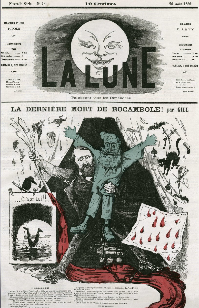 Caricature de « La dernière mort de Rocamole » et de son auteur, Pierre Alexis Ponson du Terrail (1829-1871). Caricature de Gill, dans « La Lune », 26 août - Andre Gill