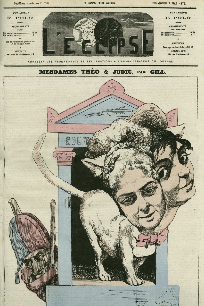 Caricature de Louise Theo et Anna Judic, chanteuses dans une pièce de Jacques Offenbach. Couverture de L