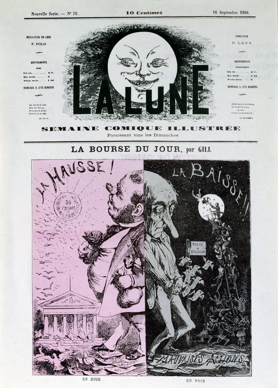 La bourse de Gill du jour. En rose : la montée du franc. En noir : chute et mauvaises actions. Les bourses partent pour la Belgique. Un des journaux « La Lune » du 16 septembre - Andre Gill
