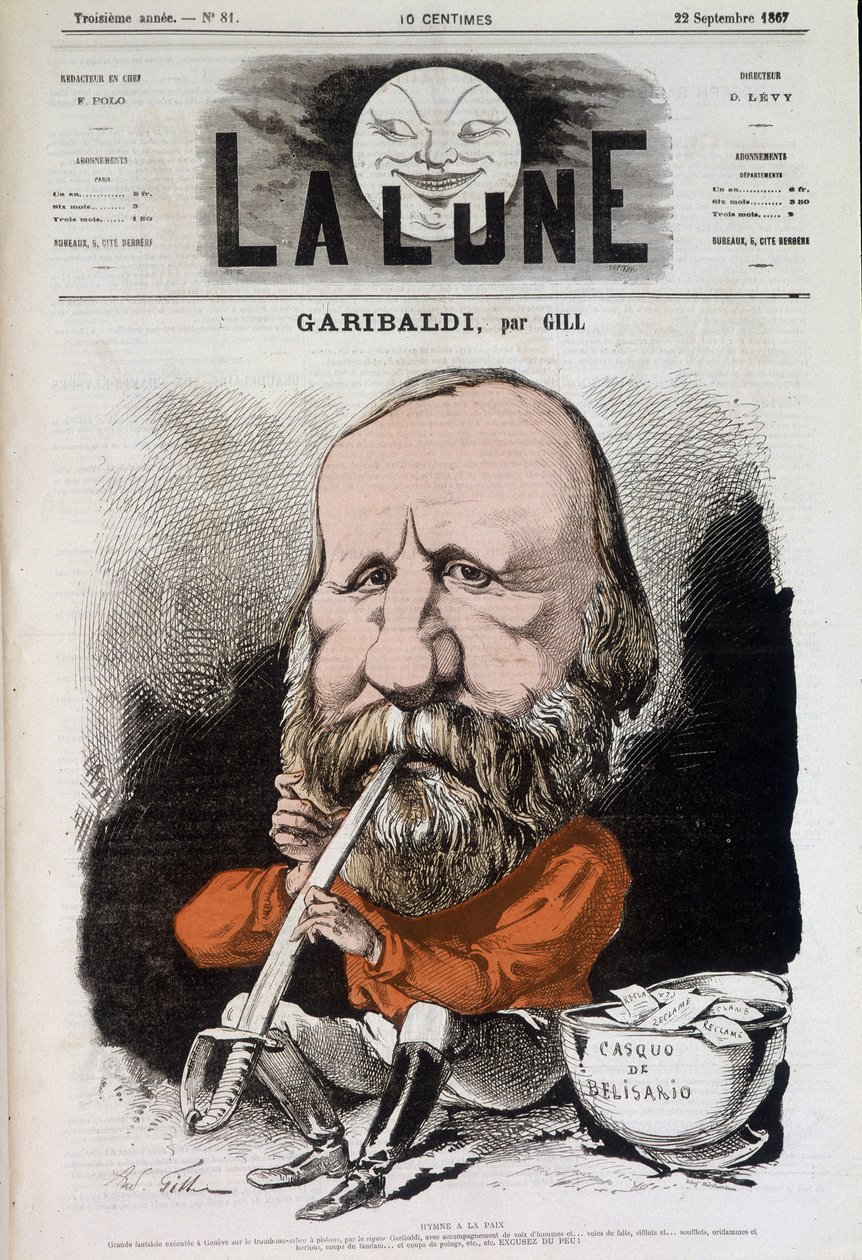 Giuseppe Garibaldi (1807-1882), hymne à la paix - par Gill, dans « La Lune » du 22/09/1867 - Andre Gill