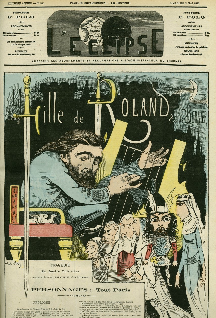 Illustration de la pièce de théâtre « La Fille de Roland » par Étienne Charles Henri, vicomte de Bornier (1825-1901). Couverture dans « L