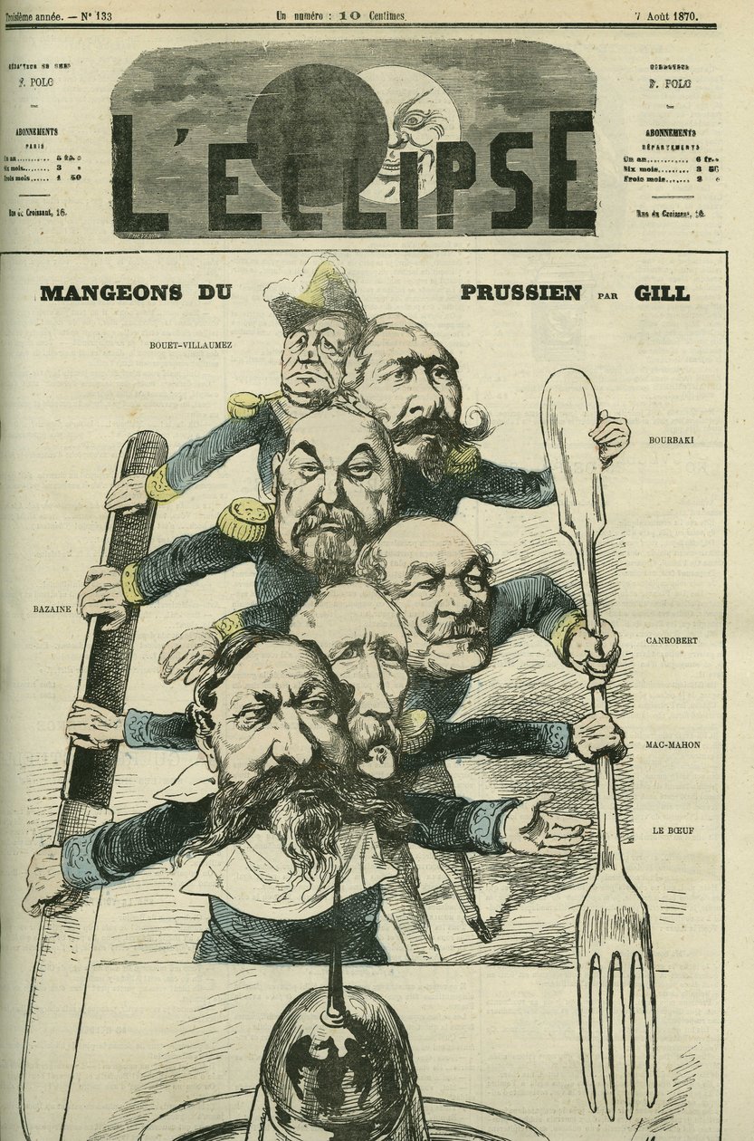 Mangeons du Prussien avec les généraux Le Boeuf (1806-1893), Mac-Mahon (1808-1893), François Achille Bazaine (François-Achille - Andre Gill