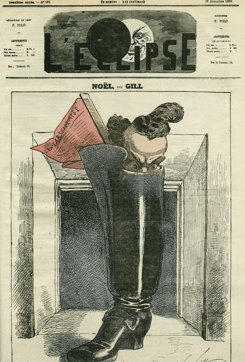 Noël, Gill est dans une botte au pied de la cheminée avec la Marseillaise - Andre Gill