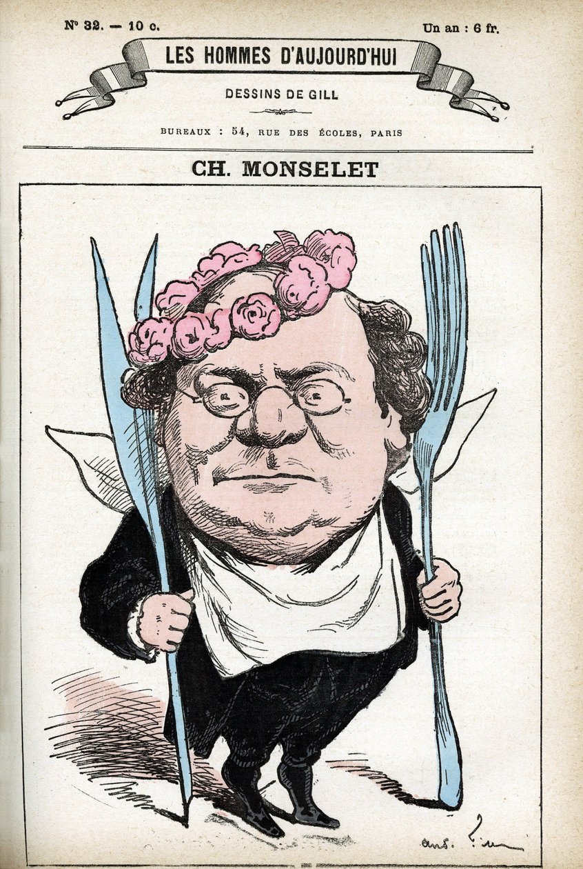 Portrait de Charles Monselet (1825-1888), poète, journaliste, romancier et gastronome français. Caricature par Gill, dans « Les Hommes d