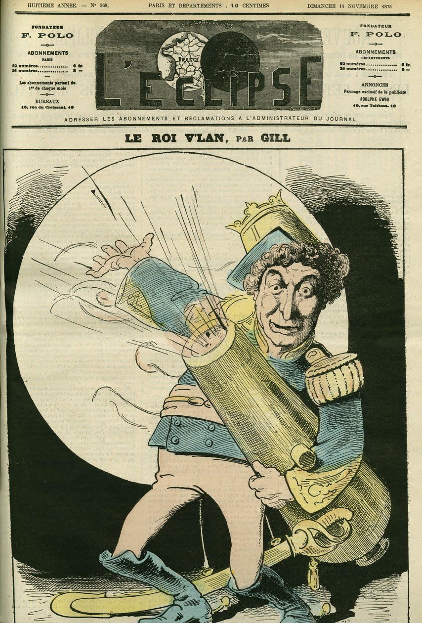 Portrait de Christian (1821-1889), chanteur français, dans le rôle du Roi Vlan dans la pièce « Le voyage dans la lune » de Jacques Offenbach. Couverture dans « L