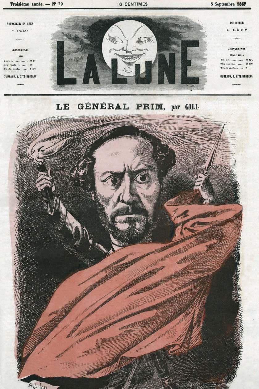 Portrait du général Juan Prim (1814-1870), militaire et homme politique espagnol. Caricature de Gill, dans « La Lune », 8 septembre - Andre Gill