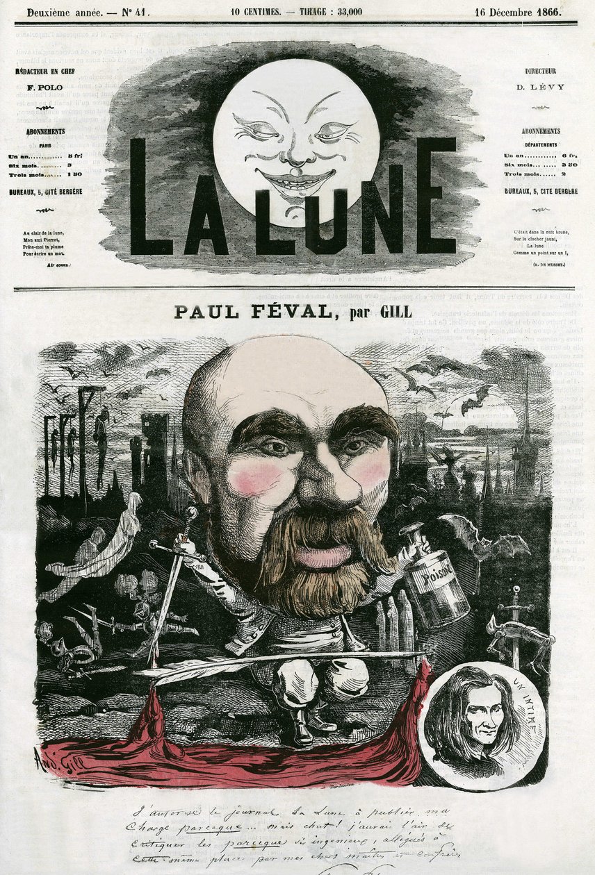 Portrait de Paul Féval (1816-1887), écrivain français. Caricature par Gill, dans « La Lune », 16 décembre - Andre Gill