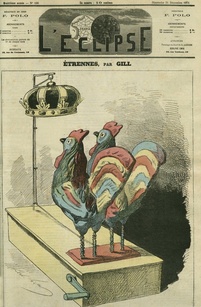 Les deux coqs sont couronnés. Couverture dans « L