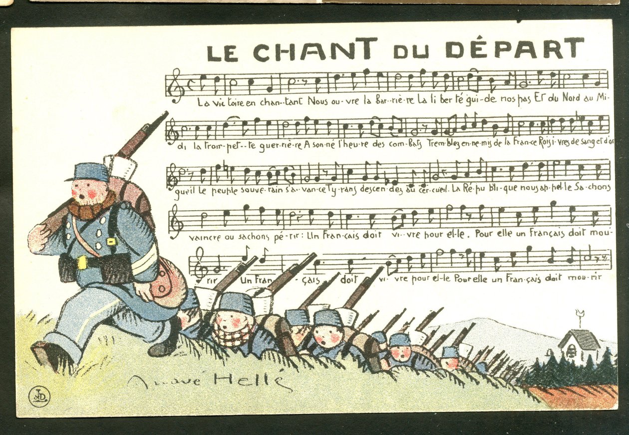 Carte postale satirique en couleurs : Le chant du départ - Guerre de 14-18, chant - Illustration de soldats par André Hellé (1875-1945) - Andre Helle