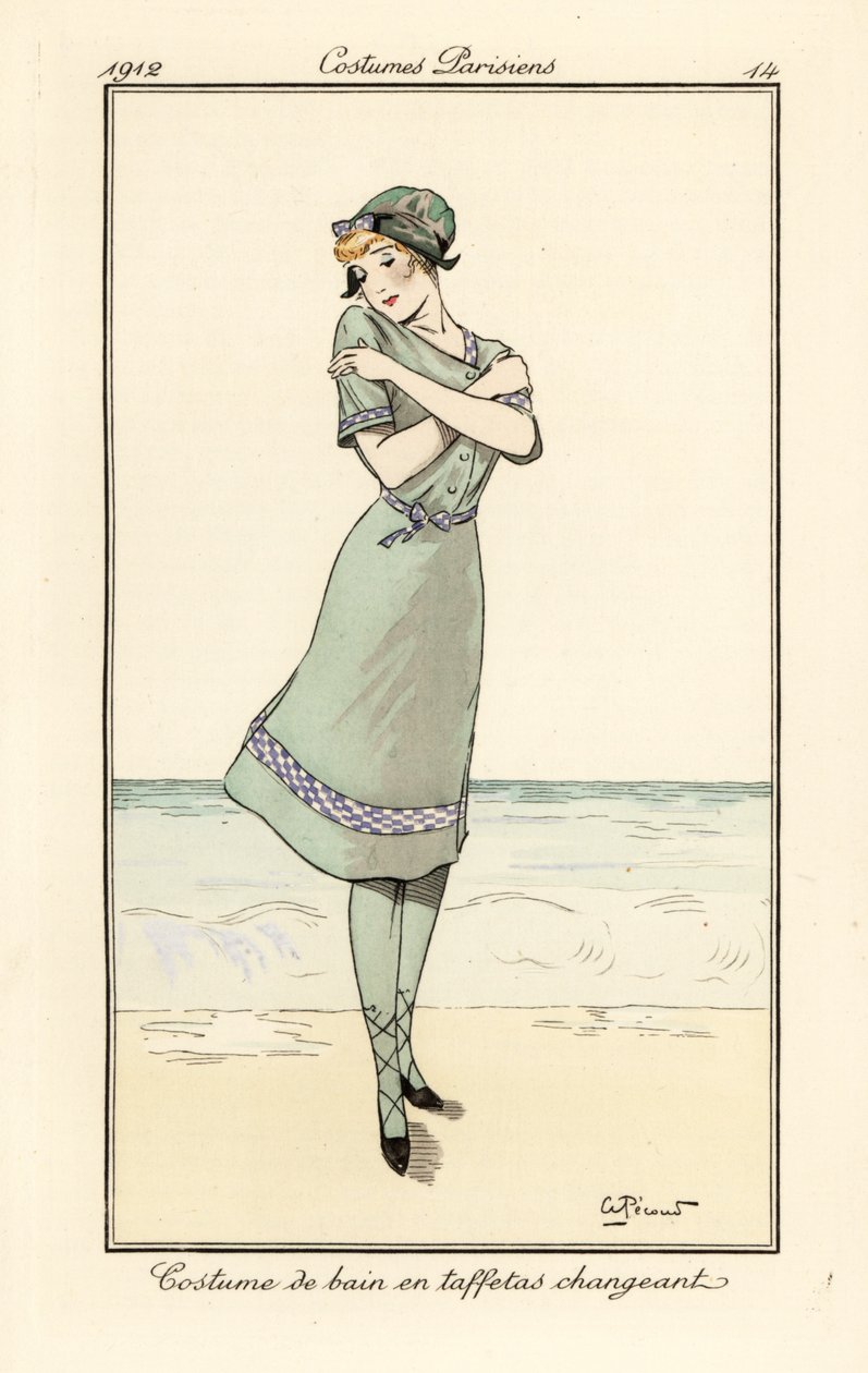 Femme sur la plage en costume de bain en taffetas bicolore - Andre Pecoud