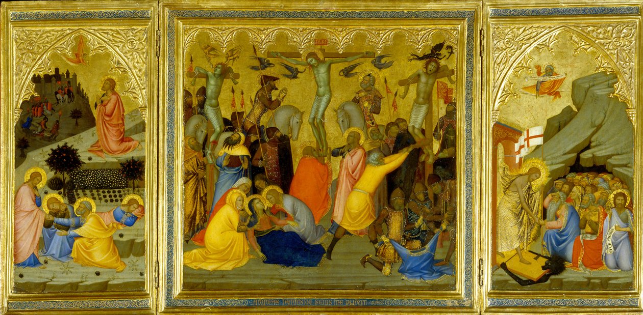 Un triptyque : Agonie dans le jardin, La Crucifixion, et La Résurrection des patriarches et prophètes - Andrea Vanni