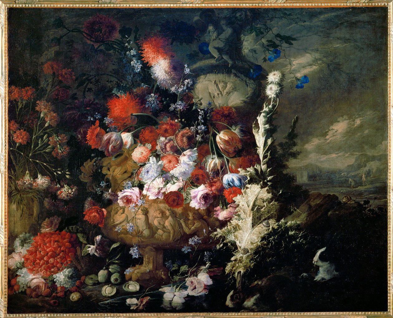 Vase de fleurs et fruits dans un paysage - Vase with flowers and fruit in a landscape … - Andrea Belvedere