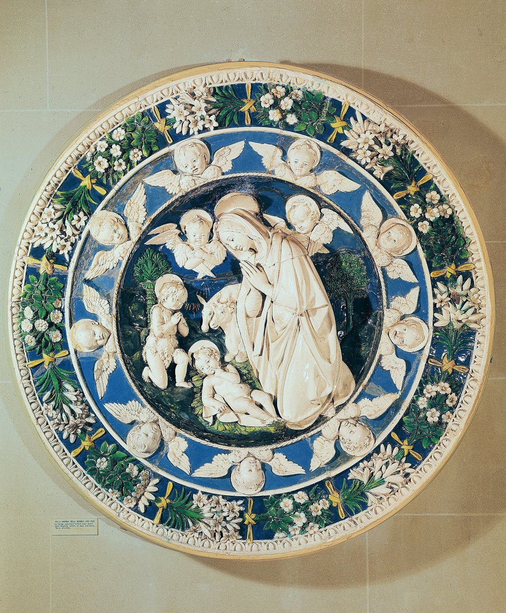 Adoration de la Vierge avec Saint Jean-Baptiste et deux chérubins (terre cuite émaillée polychrome) - Andrea Della Robbia