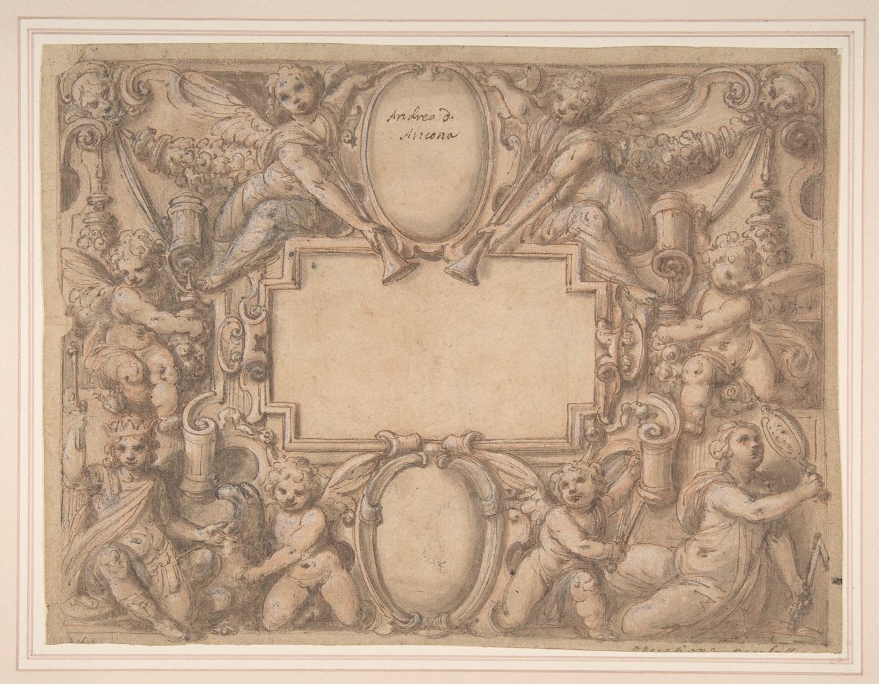 Un cartouche et deux boucliers entourés de figures allégoriques - Andrea Lilli