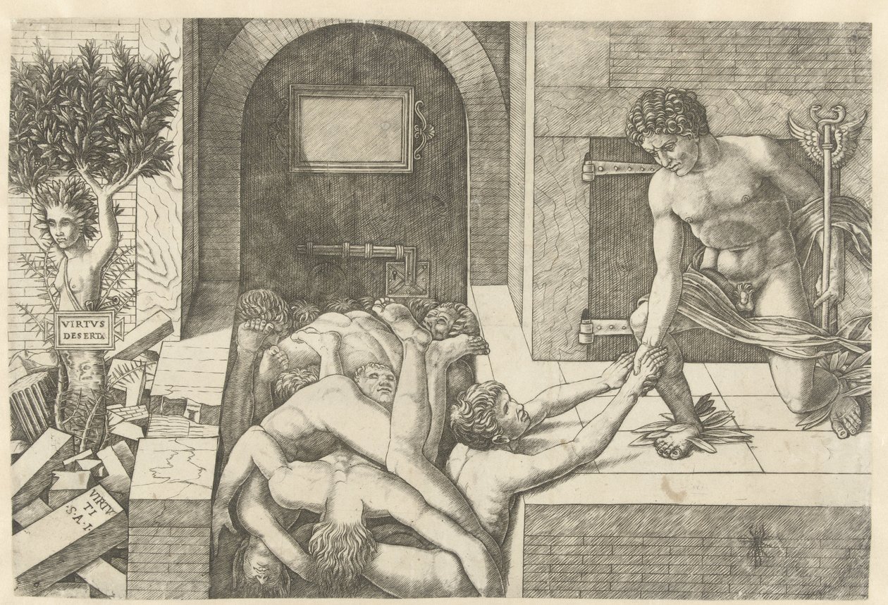 Mercure en tant que personnification de la Vertu sauve des âmes au purgatoire et Daphné se transforme en arbre - Andrea Mantegna (school of)