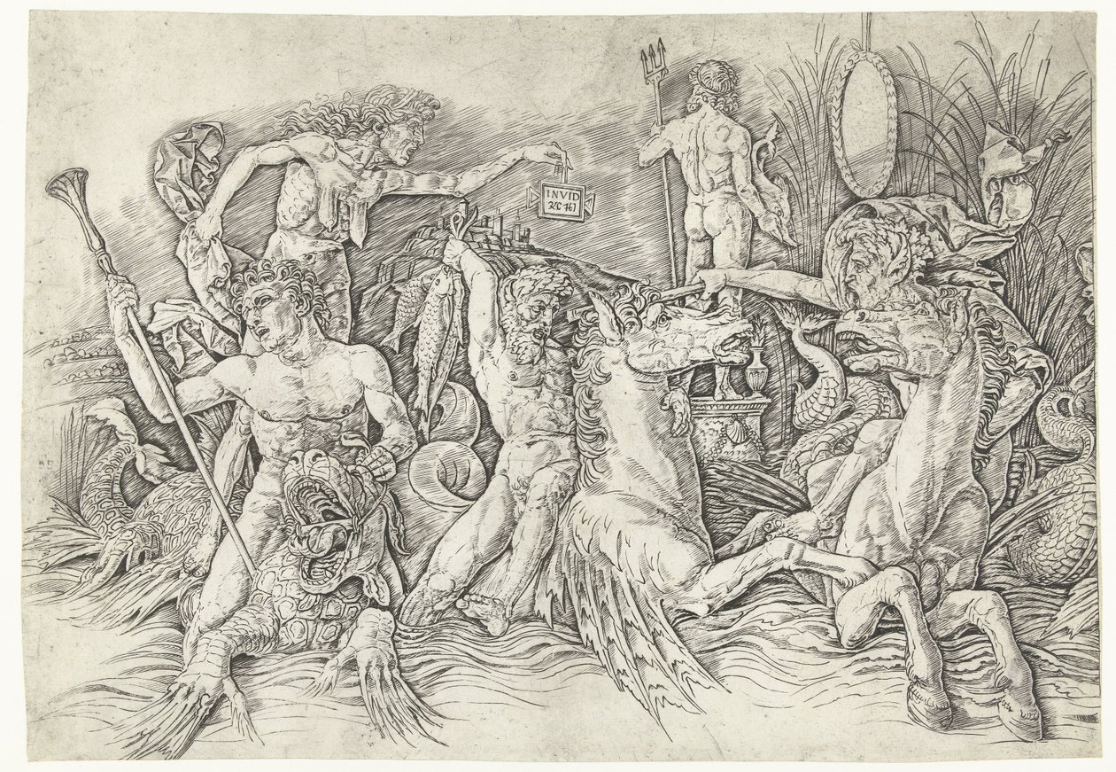 Combat entre des satyres chevauchant des hippocampes et une vieille femme personnifiant l