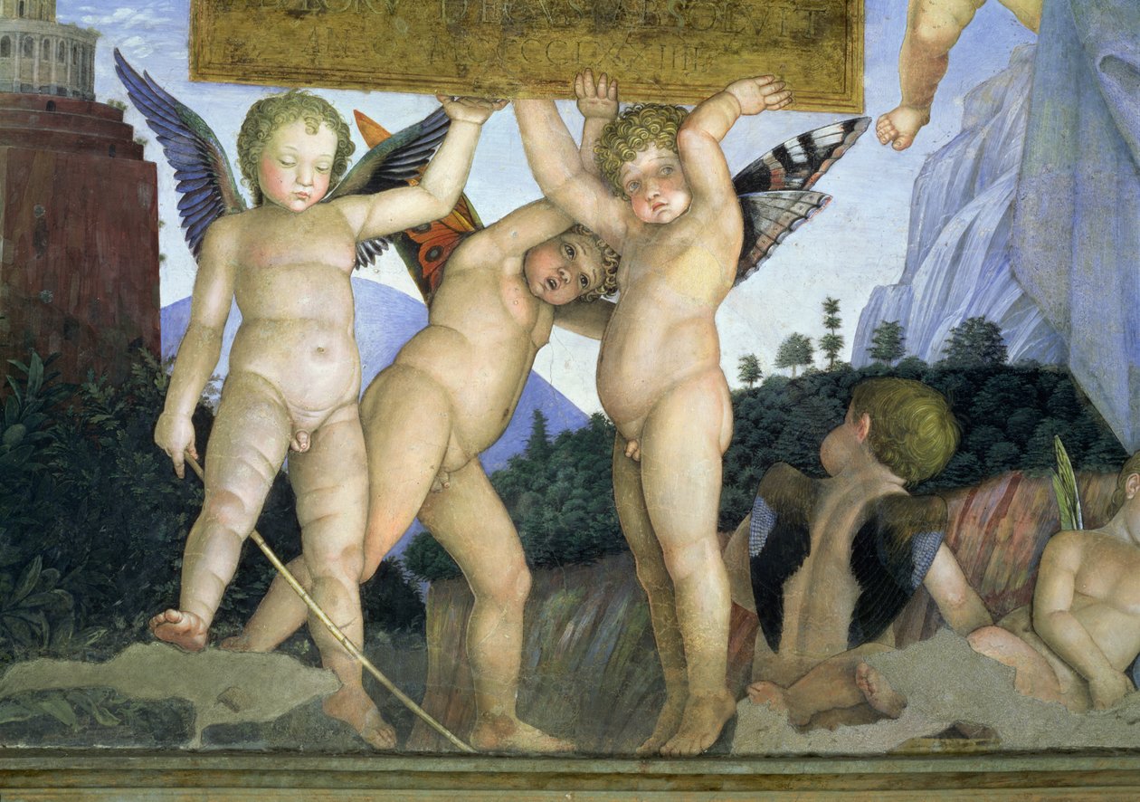 Putti avec des ailes de papillon soutenant la plaque dédicatoire, de la Camera degli Sposi ou Camera Picta, 1465-74 (détail) - Andrea Mantegna