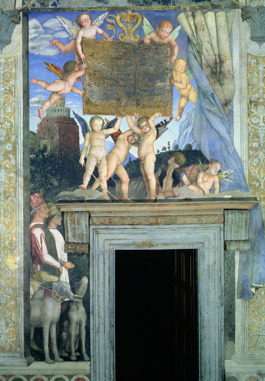 Putti avec des ailes de papillon soutenant la plaque dédicatoire avec des chiens de chasse et leurs maîtres en dessous, de la Camera degli Sposi ou Camera Picta, 1465-74 (détail) - Andrea Mantegna