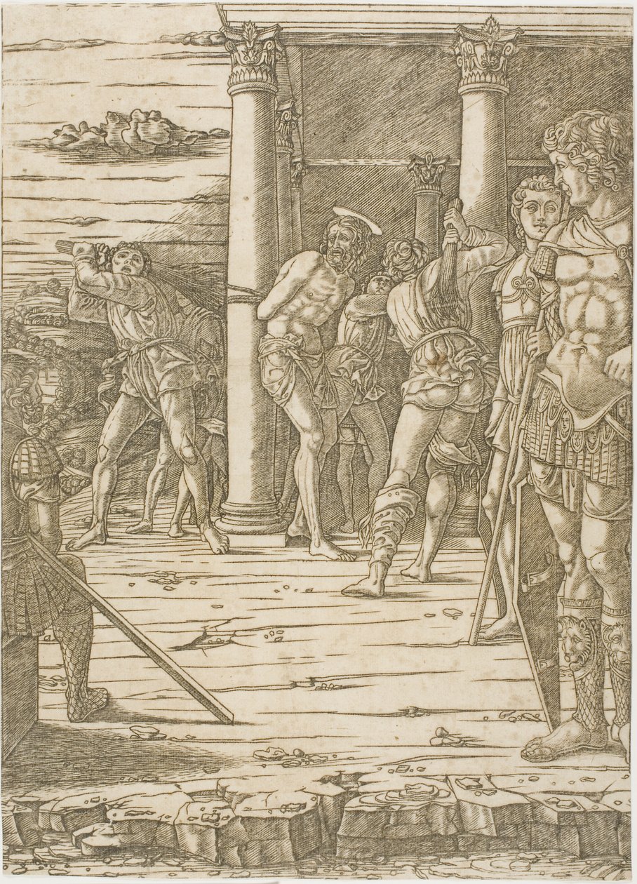 La Flagellation du Christ, avec le paysage en arrière-plan - Andrea Mantegna