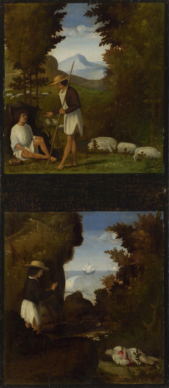 Scènes des Églogues de Tebaldeo. Thyrsis trouve le corps de Damon, vers 1510 - Andrea Previtali