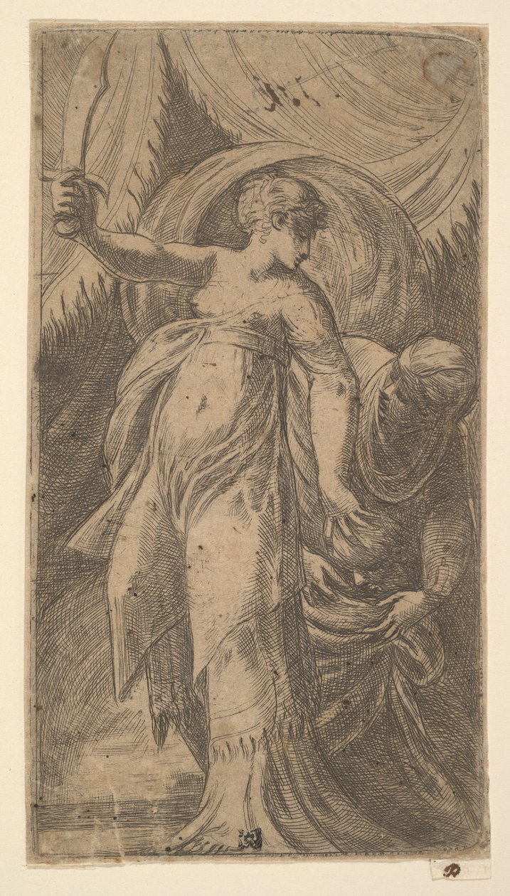 Judith avec son épée levée dans sa main droite et plaçant la tête d