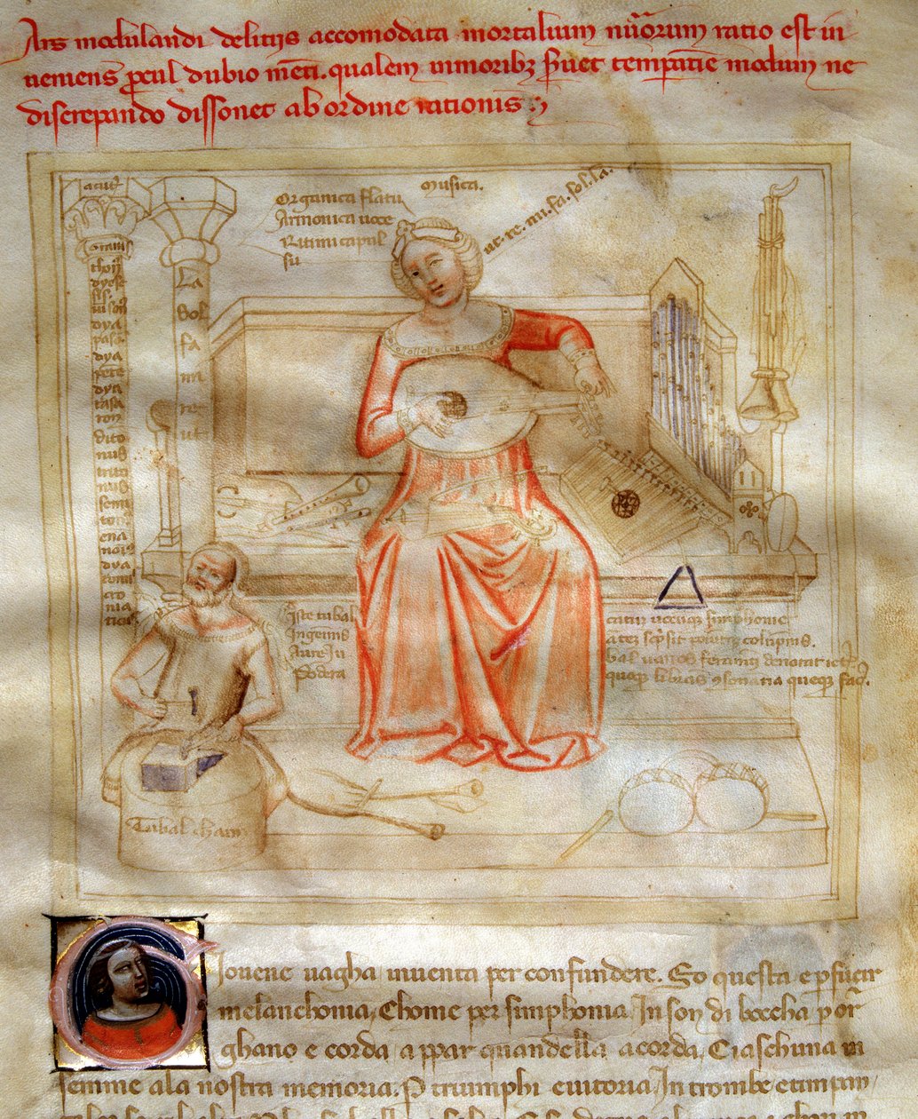 Allégorie de la Musique dans la Chanson des sept Vertus et des sept Arts libéraux destinée à Bruzio Visconti (La Canzone delle Virtù e delle Scienze) par Bartolomeo di Bartoli. Aquarelle d