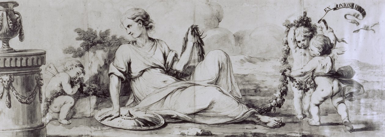 Figure féminine avec putti, composition allégorique, vers 1754, dessin d