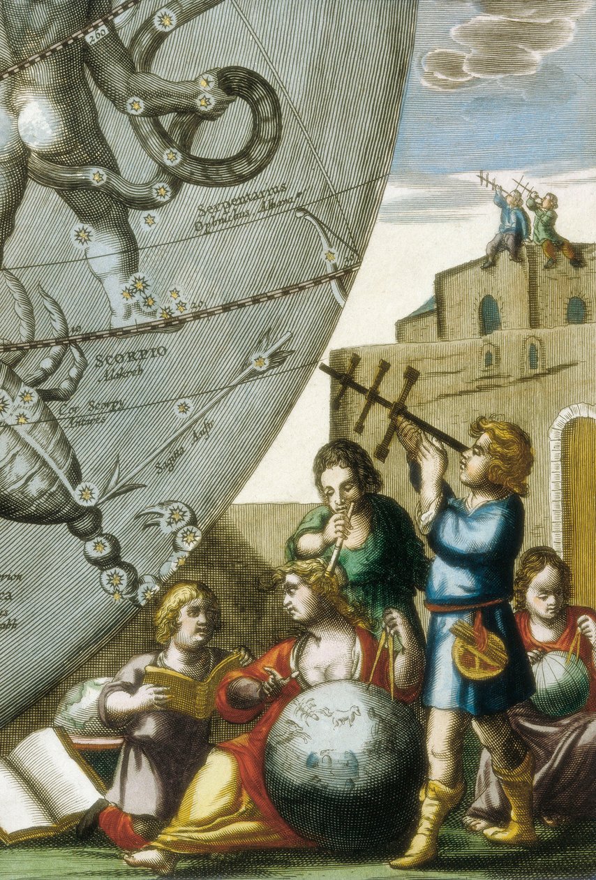 Scientifiques (astrologues et astronomes) étudiant des globes et la carte du ciel, détail de l