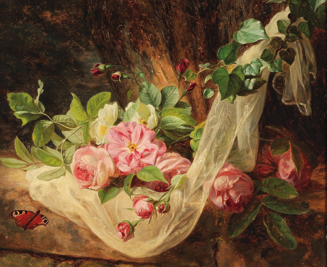 Nature morte aux roses sur un sol forestier - Andreas Lach