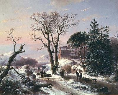 Paysage fluvial boisé avec des paysans sur un chemin, et un château au loin - Andreas Schelfhout
