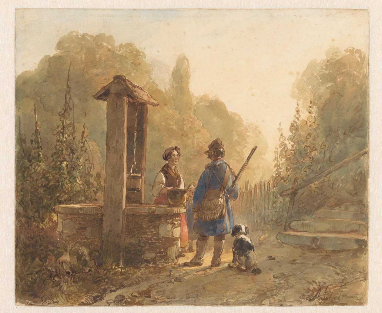 Chasseur parlant à une paysanne près d