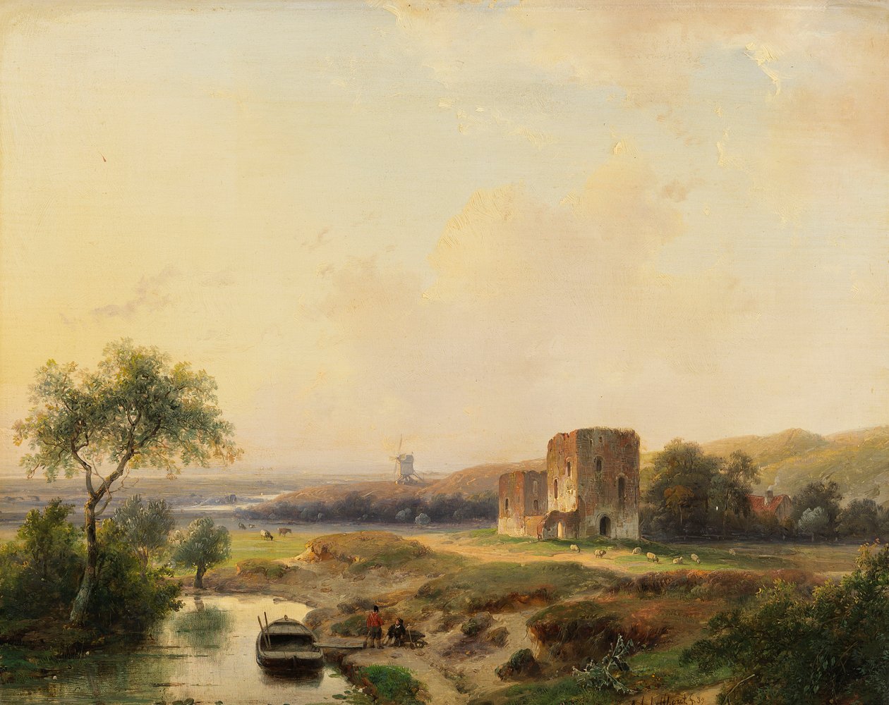 Paysage fluvial près de Haarlem avec moulin à vent et ruines de Brederode - Andreas Schelfhout