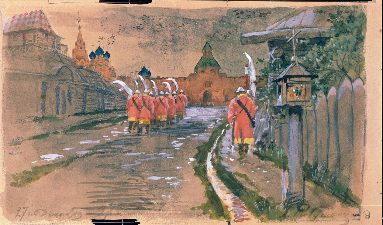 Patrouille de strelets à la porte Ilyinsky dans le vieux Moscou - Andrei Petrovich Ryabushkin