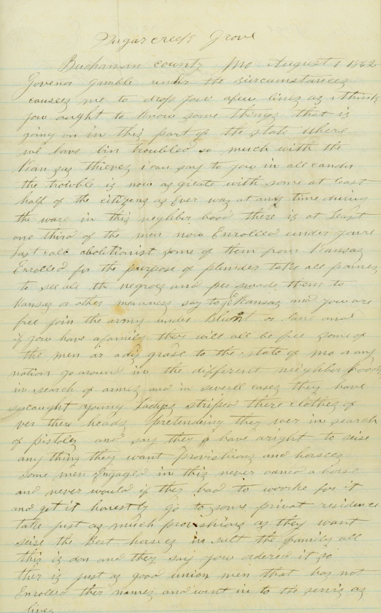 Lettre signée Andrew Brownlow, Comté de Buchanan, Mo., au Gouverneur Gamble [Hamilton R. Gamble], 1 août 1862 - Andrew Brownlow