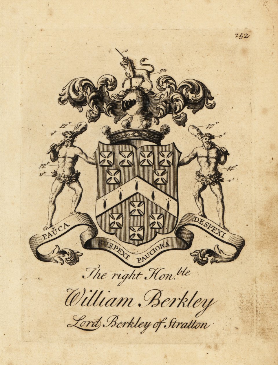 Blason du très honorable William Berkley, Lord Berkley de Stratton, 4e baron Berkeley de Stratton, décédé en 1741 - Andrew Johnston