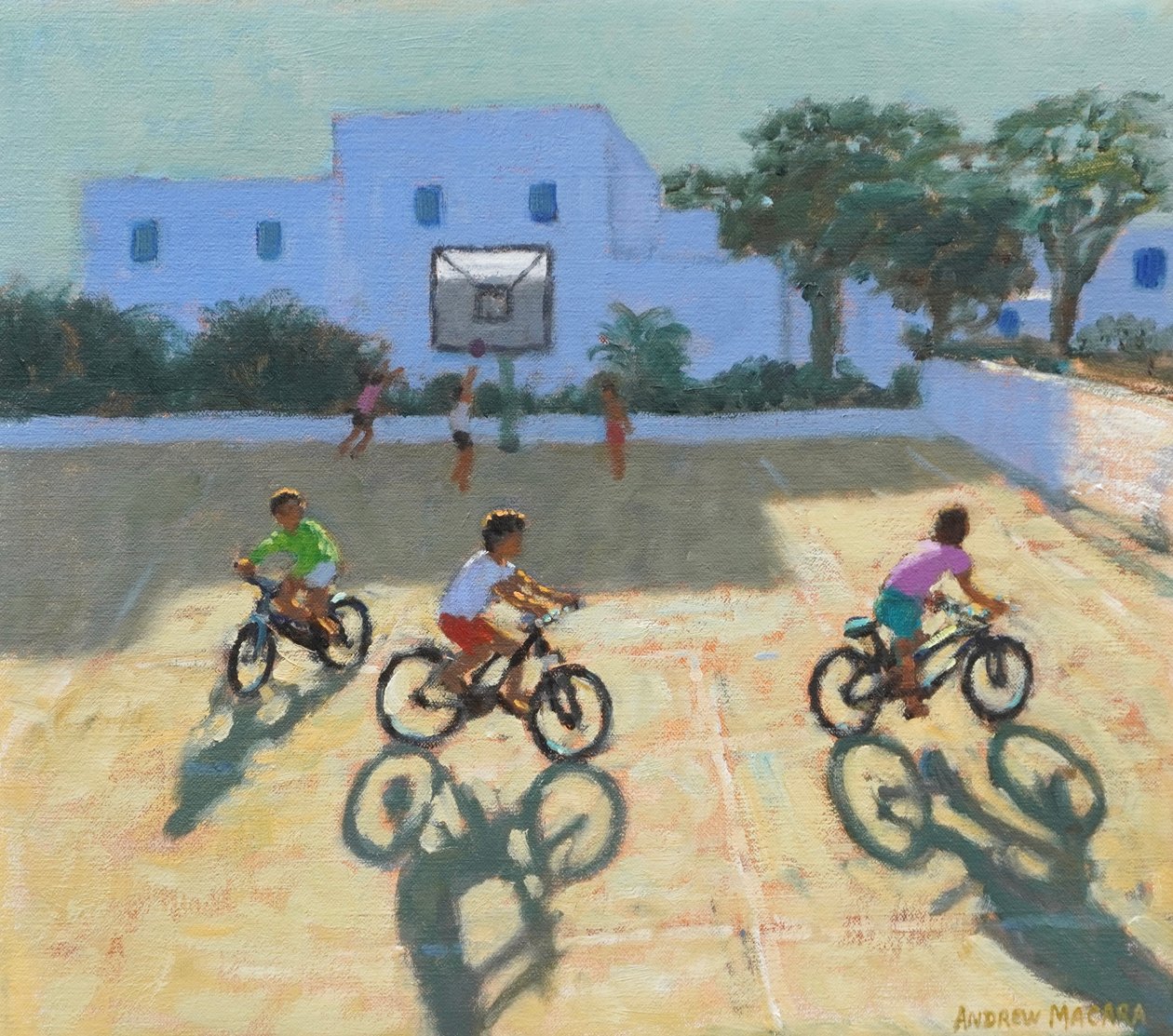 Garçons à vélo, Grèce (huile sur toile) - Andrew Macara