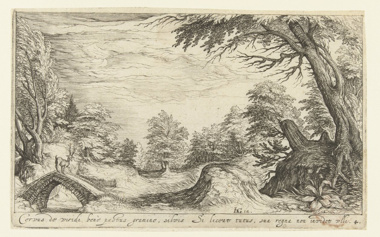 Paysage avec un cerf sur un pont - Andries Jacobsz. Stock