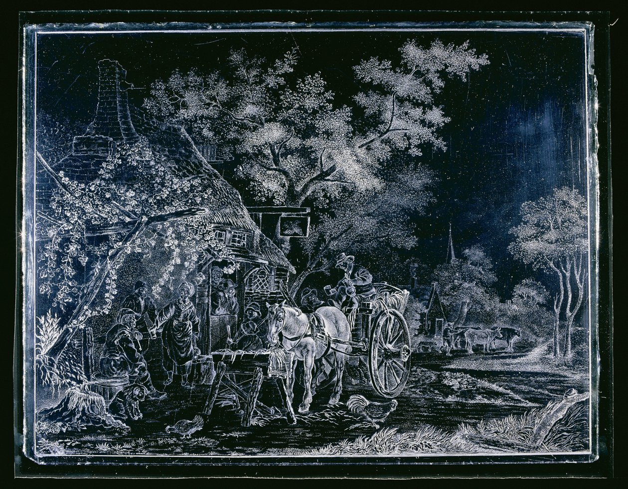 Carreau avec cheval et charrette et quelques figures devant une auberge - Andries Melort