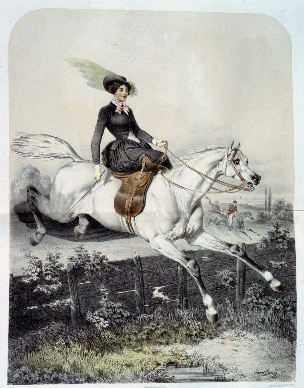 Un jeune cavalier en amazone sautant une barrière (lithographie) - Ange Louis Janet