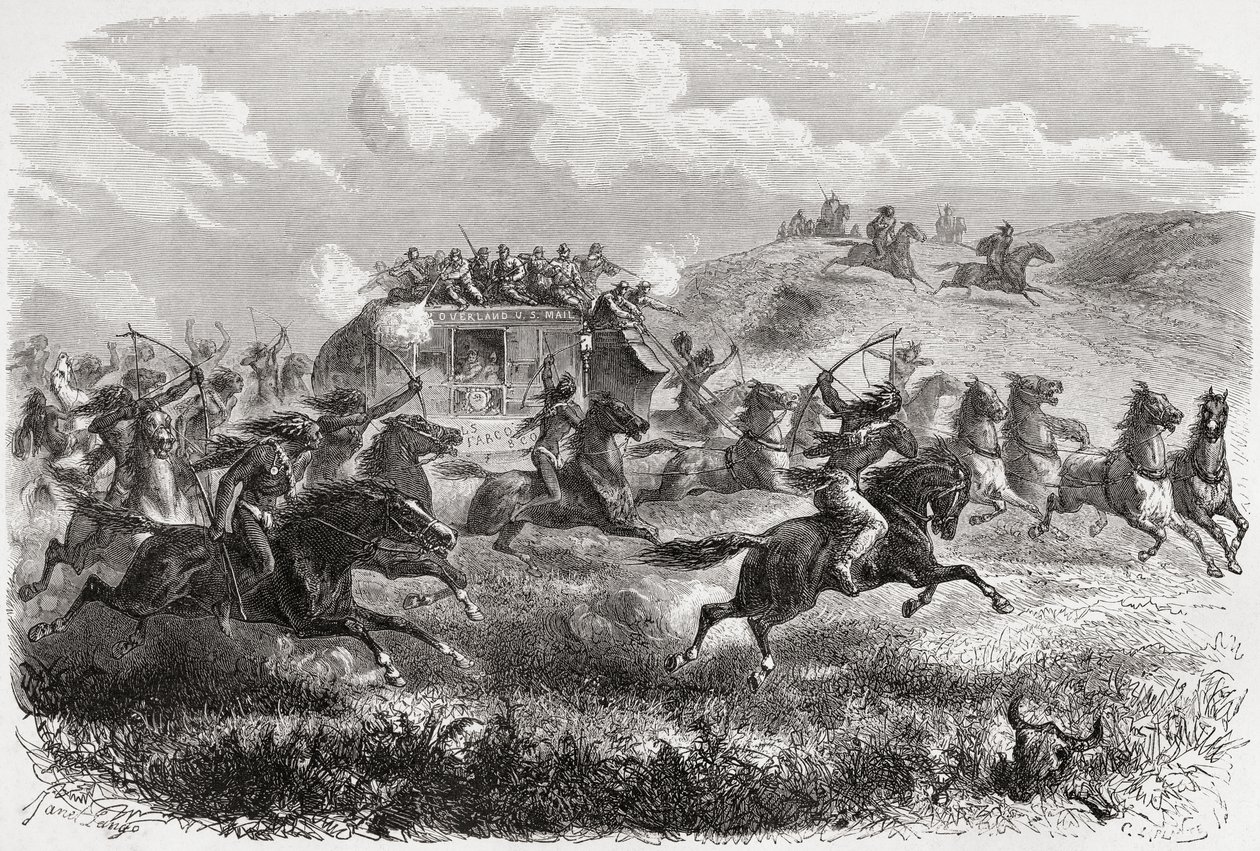 Les Indiens attaquent une diligence transcontinentale en 1867, illustration de 
