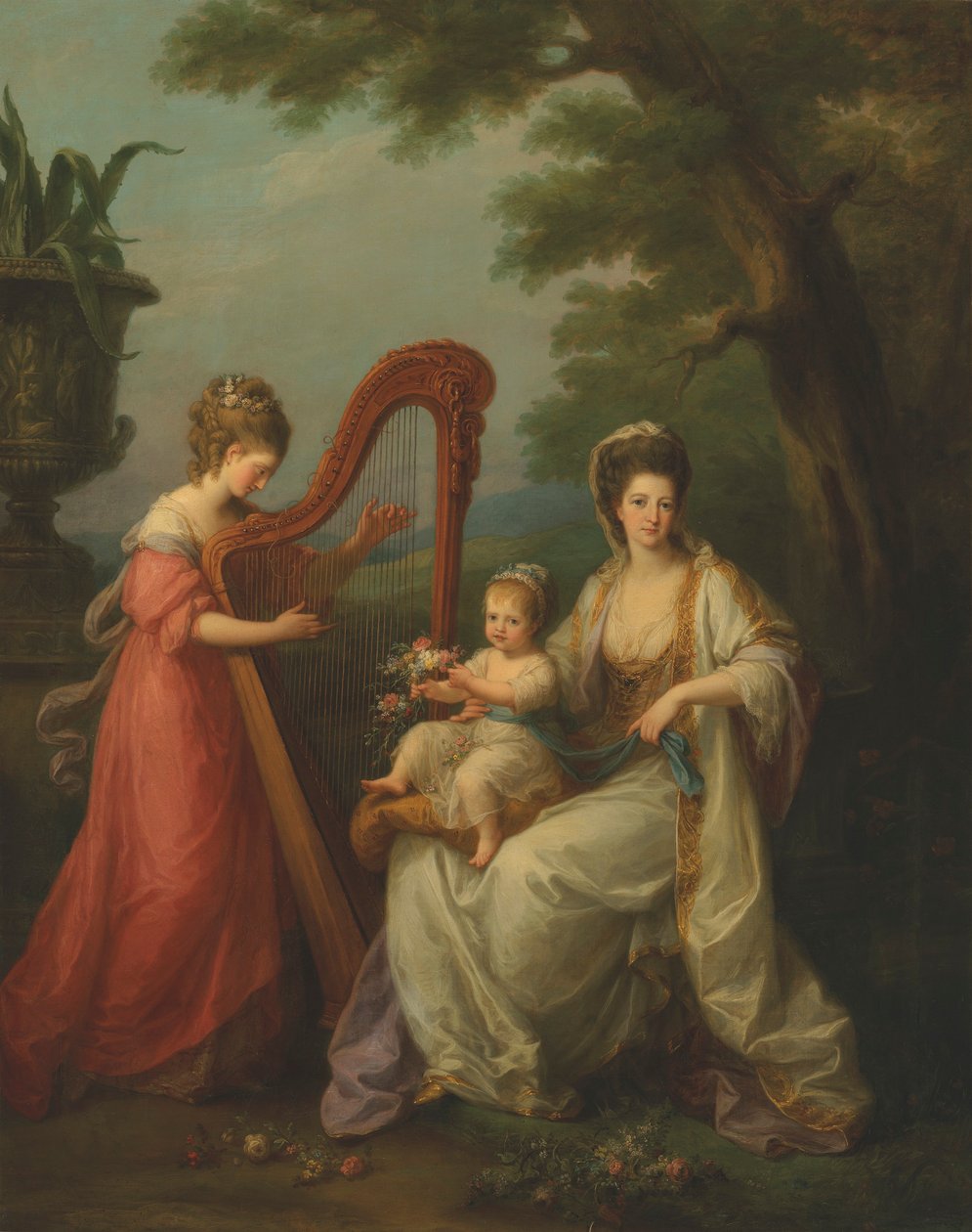 Portrait de Lady Elizabeth Smith-Stanley, comtesse de Derby, avec son fils en bas âge Edward, futur 13e comte de Derby, et sa demi-sœur, Lady Augusta Campbell, jouant de la harpe - Angelica Kauffmann